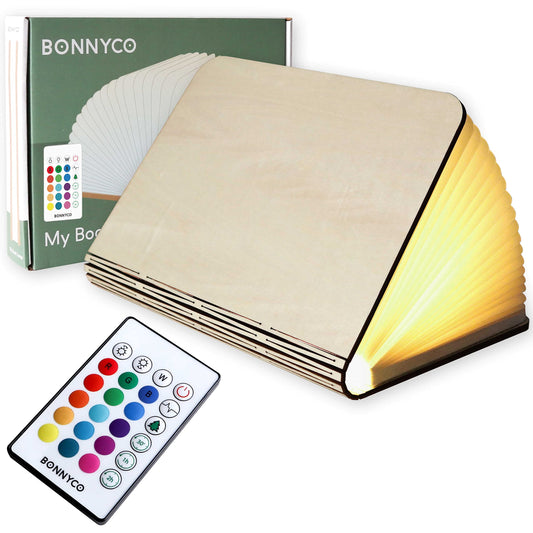 BONNYCO Lampara Libro Plegable de Madera con Mando, 16 Colores y Temporizador Lamparas Mesilla de Noche Ideal Decoracion Casa y Habitacion | Regalo Original Cumpleaños, Navidad y Amigo Invisible