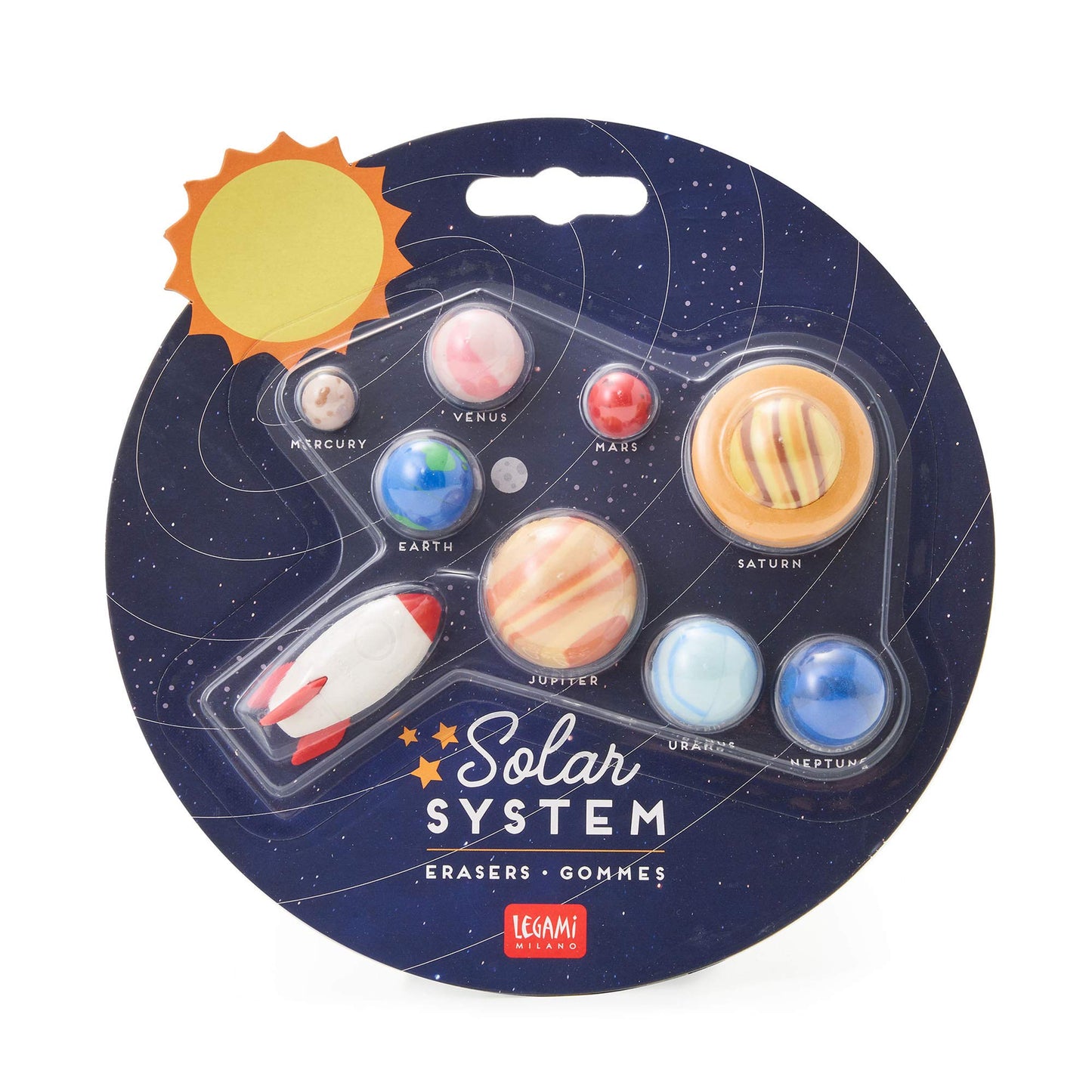 Legami - Solar System - Juego de 9 gomas de borrar de 0,8 x 3,5 cm, con forma de cohete, planetas, sol, para borrar con precisión