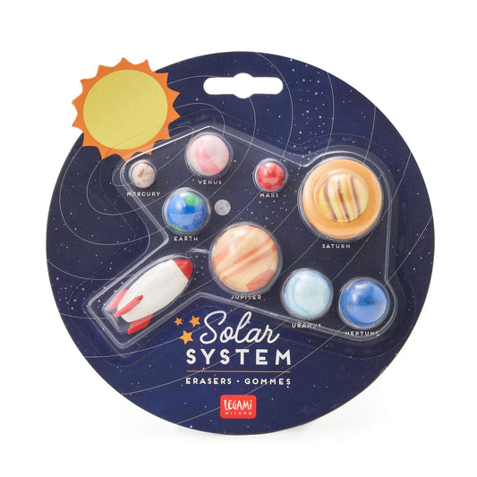 Legami - Solar System - Juego de 9 gomas de borrar de 0,8 x 3,5 cm, con forma de cohete, planetas, sol, para borrar con precisión