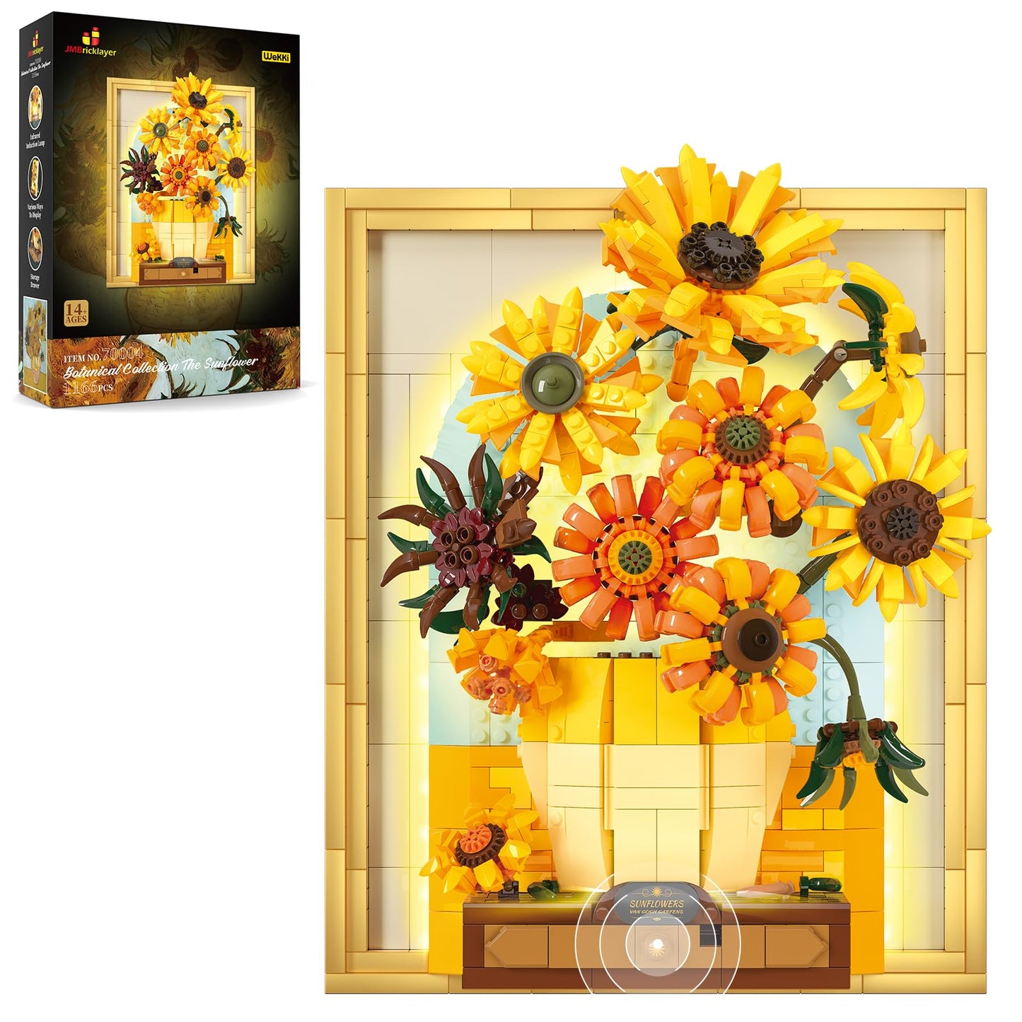 JMBricklayer Juego de construcción de flores de girasol para adultos con luces 70004, Van Gogh, ideas de arte de pared, ramo de flores, marco de pintura para decoración de habitación, ideas de regalos