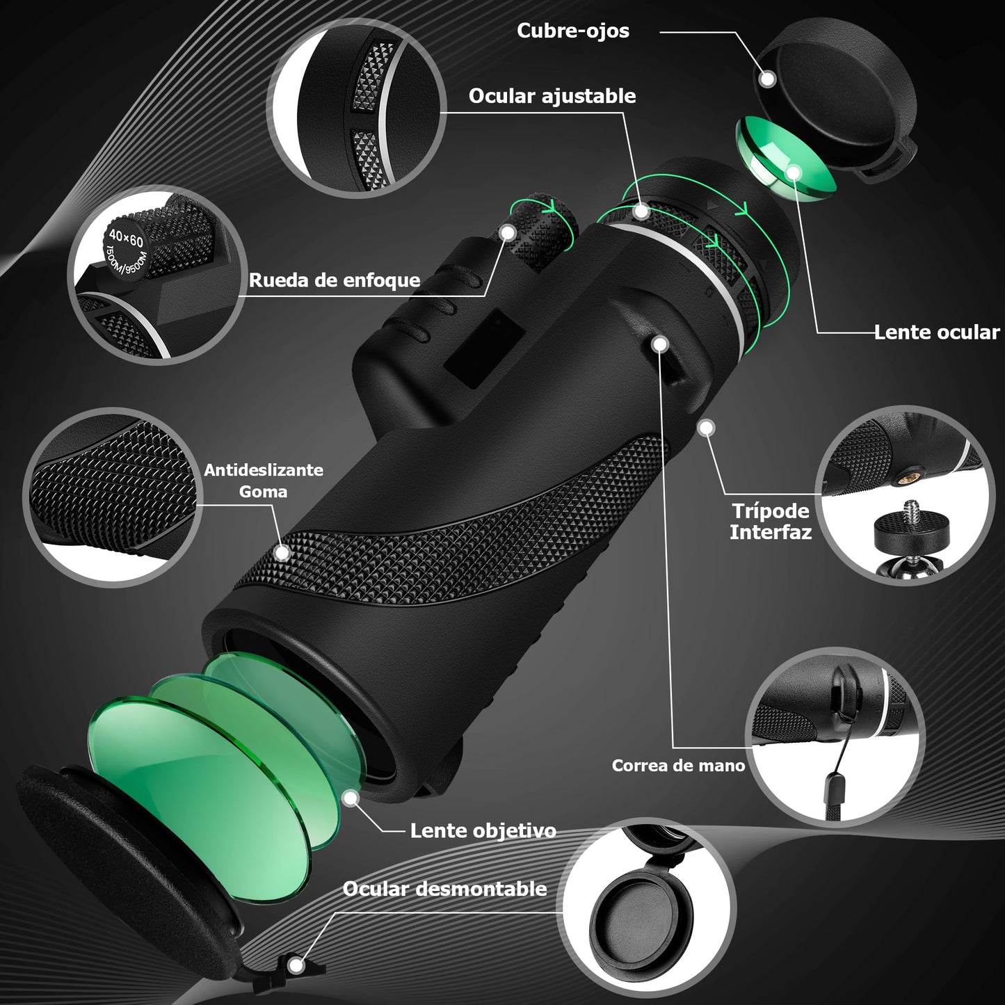 Telescopio Monocular 40X60 Monoculares de Largo Alcance Telescopio Terrestre Zoom para Movil Impermeable Compacto Telescopio Monoculo con Trípode Smartphone Holder Adultos Observación de Aves Senderis