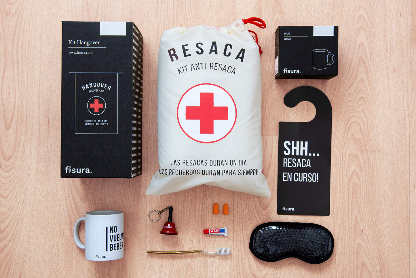 Fisura - Kit de resaca en español. Kit de regalo para bodas, cumpleños y fiestas. Kit de supervivencia unisex. Regalo gracioso para amigos. 8 productos