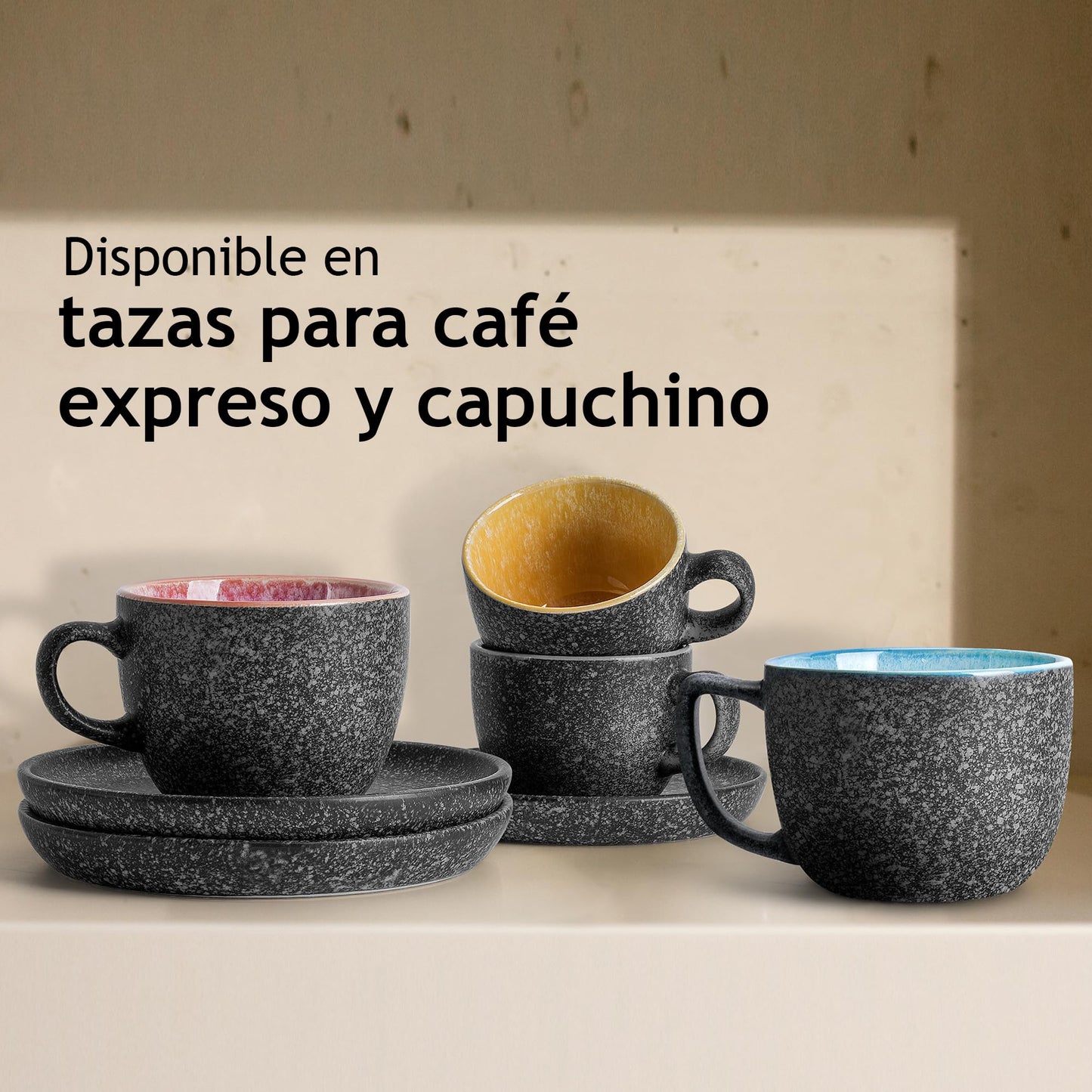 MIAMIO – 80 ml Tazas de Cerámica Apilables Espresso con Platos y Soporte de Metal, Juego de 6 Tazas Espresso, Tazas Demitasse, Tazas de Café para Espresso, Latte - Colección Las Palmitas