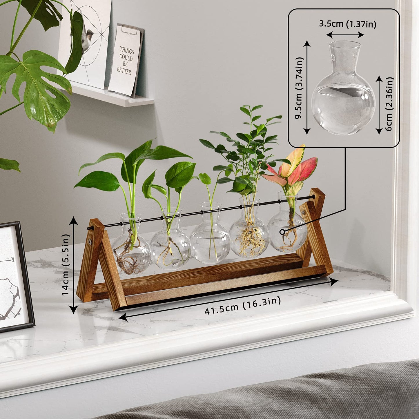 Estación De Propagación para Plantas,Terrario con Soporte Madera Jarrón Hidropónica Florero Cristal，Jarrones Vidrio Macetas con 5 Bombillas para Interior Decoración Mesa Oficina Casa Jardín