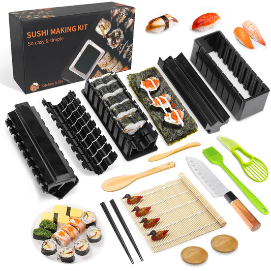 Mlryh Kit para Hacer Sushi, 20 piezas Kit Sushi para Principiantes con Alfombrilla de Sushi,Palillos, Rebanador de Aguacate,Paleta, Esparcidor,Cuchillo,Soporte para Palillos,Platos,Cepillo.