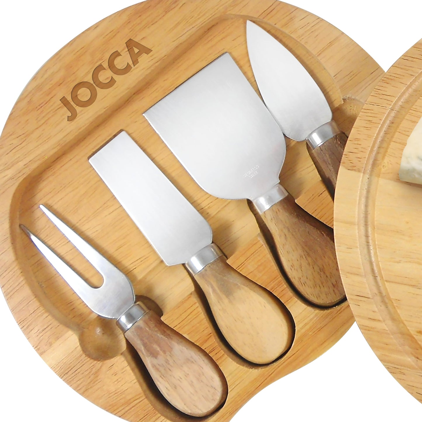 Jocca - Set Tabla de Quesos y Cuchillos | Tabla de Madera Quesos + Cuchillos para queso | 20cm | 4 cuchillos | Acero inoxidable | Ideal para Amigos, Familiares