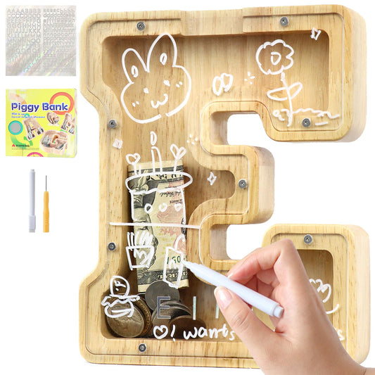 Hucha de Madera Letra E – Tu Nombre, Tu Ahorro