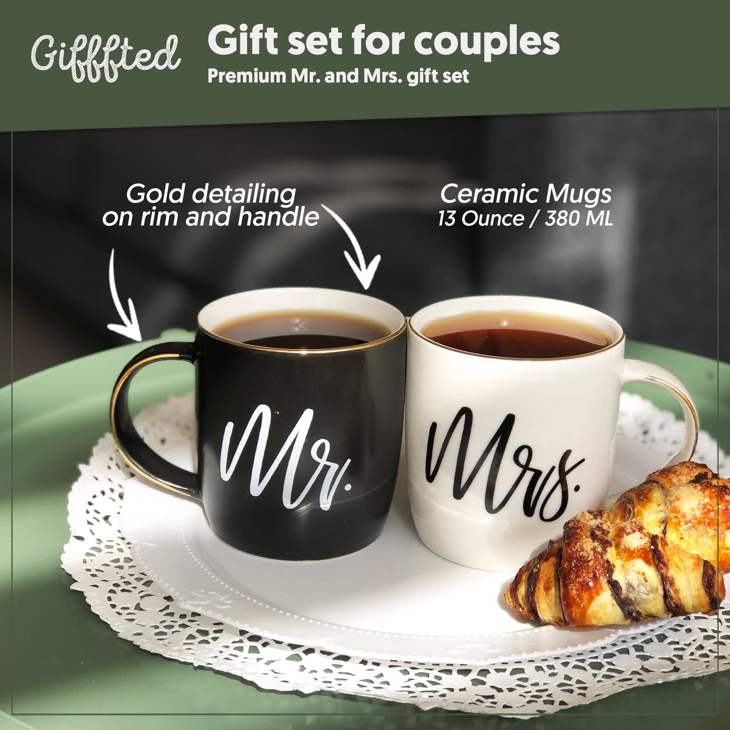 Triple Gifffted Mr y Mrs Tazas parejas a conjunto,Caja de Regalo para Novios,Novias,Regalos original, Bodas, Aniversarios,nupical,desayuno, Románticos,San Valentín, Navidad,380 Ml, Juego De 2 pack