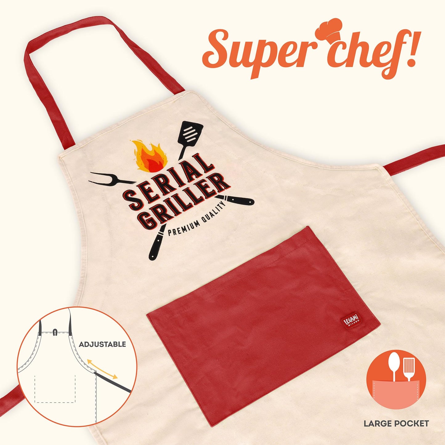 Legami - Delantal de cocina para hombre y mujer, súper chef, para barbacoa, bolsillo frontal, ajustable, talla única, lavable a máquina, tamaño 56 x 76 cm, tema Serial Griller, beige, talla unica