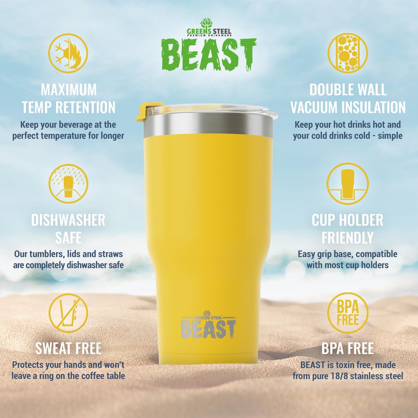 BEAST Termo Café para Llevar - 900ml I Limón I Taza Térmica de Acero Inoxidable Reusable I Taza Viajera de Doble Pared al Vacío I 2 Pajitas y Cepillo de Limpieza I para Café Frío o Caliente