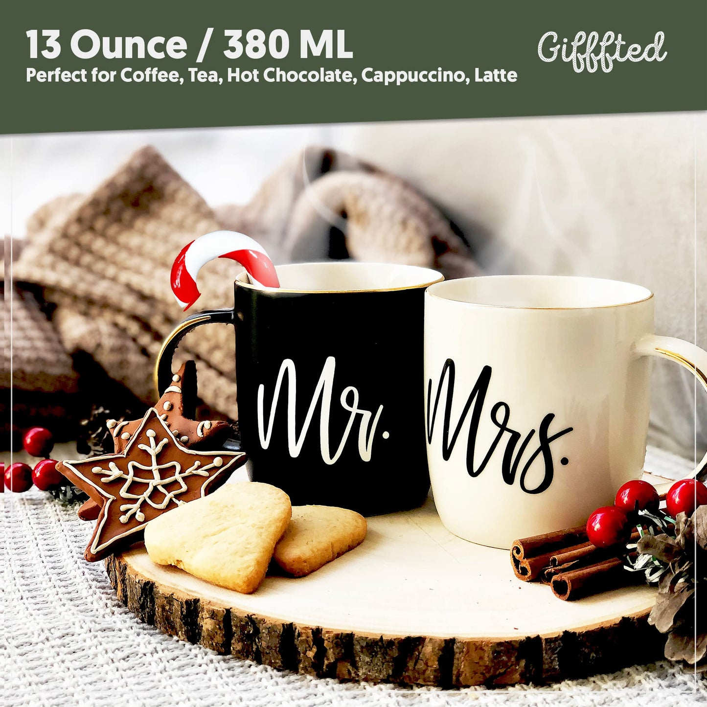 Triple Gifffted Mr y Mrs Tazas parejas a conjunto,Caja de Regalo para Novios,Novias,Regalos original, Bodas, Aniversarios,nupical,desayuno, Románticos,San Valentín, Navidad,380 Ml, Juego De 2 pack