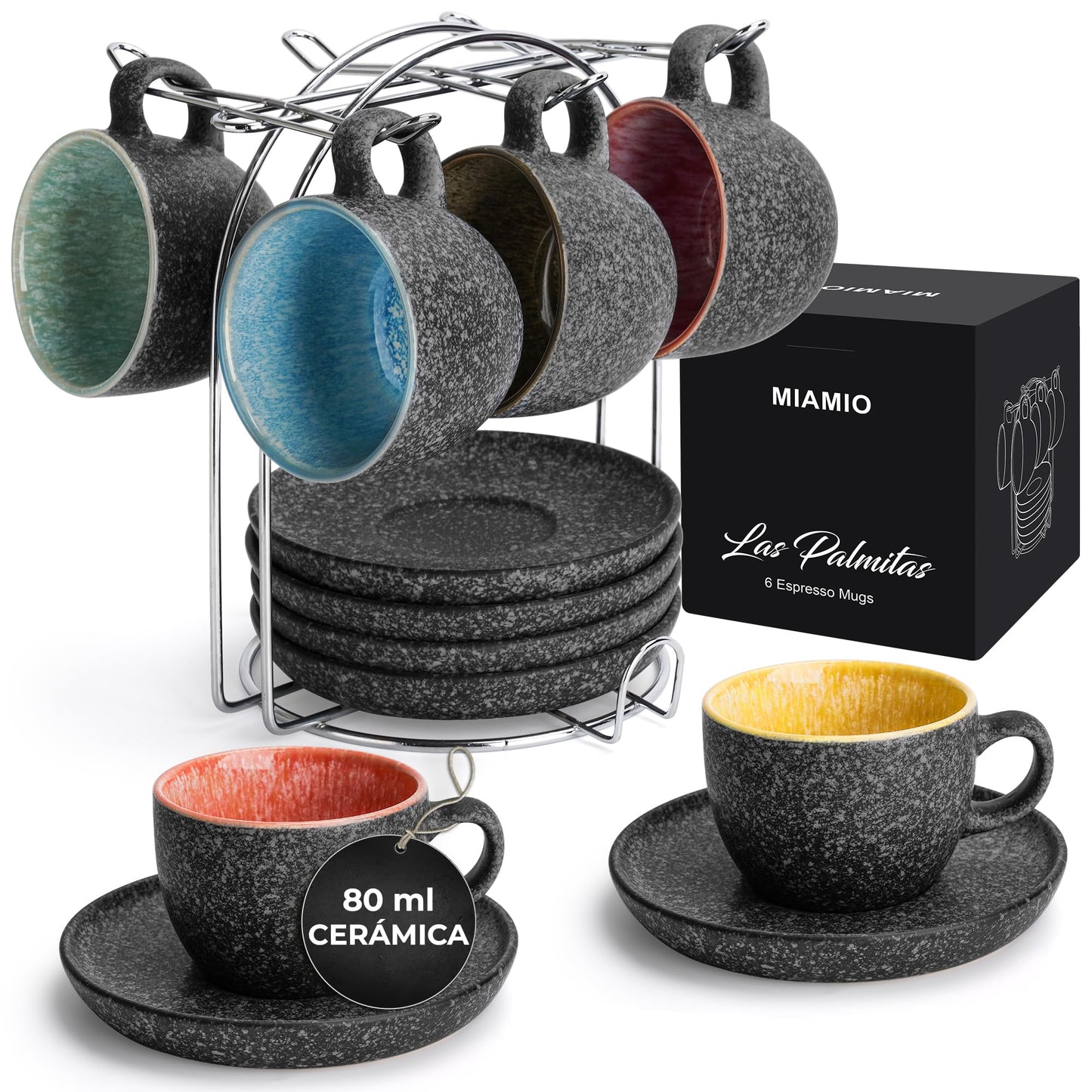 MIAMIO – 80 ml Tazas de Cerámica Apilables Espresso con Platos y Soporte de Metal, Juego de 6 Tazas Espresso, Tazas Demitasse, Tazas de Café para Espresso, Latte - Colección Las Palmitas