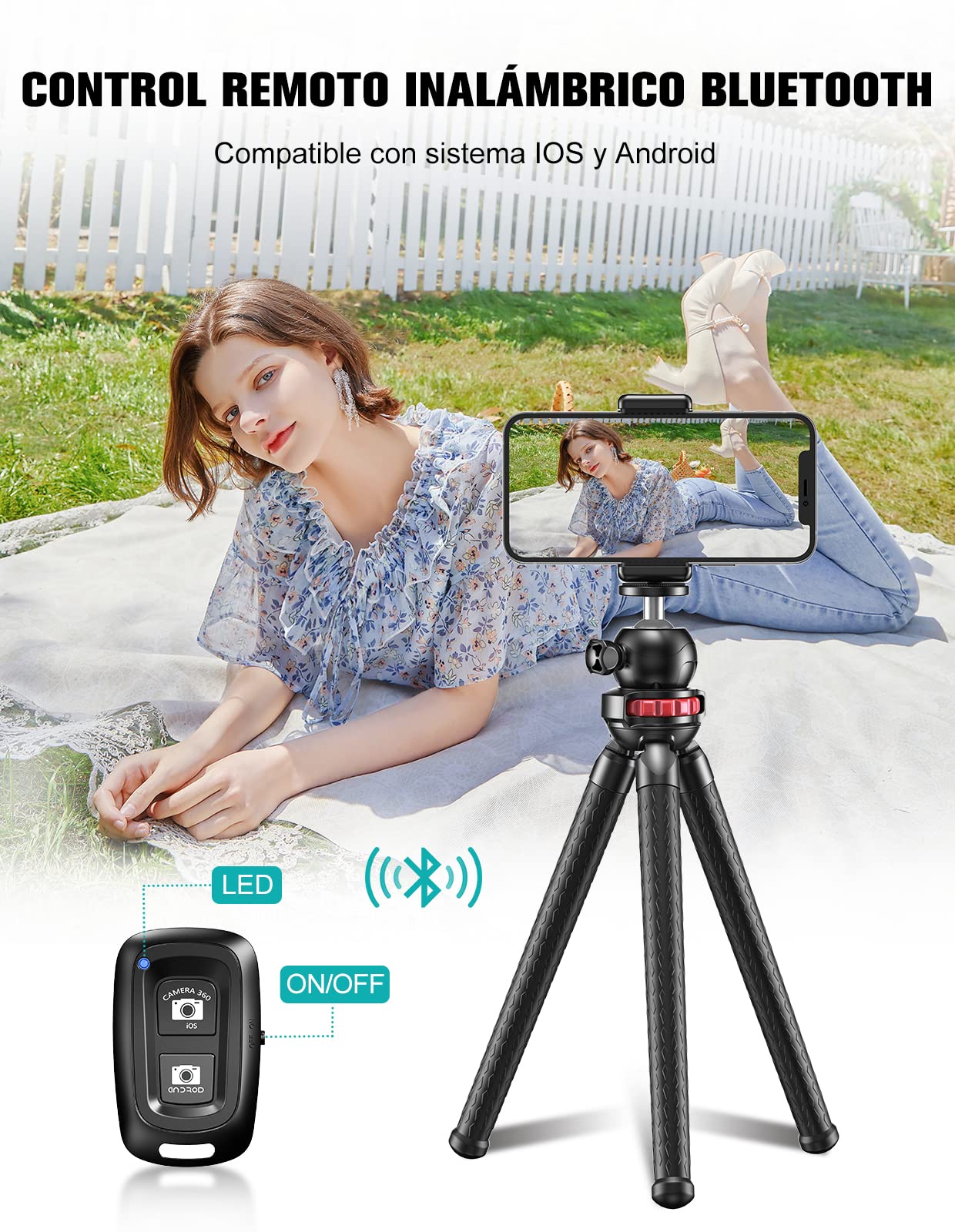 CIRYCASE Tripode para Movil, Mini Flexible Tripode Palo Selfie Portátil Giro de 360°, Trípode Camara con Control Remoto Inalámbrico para Movil y Cámara Acción, Ideal para Selfies/Grabación de Vídeo