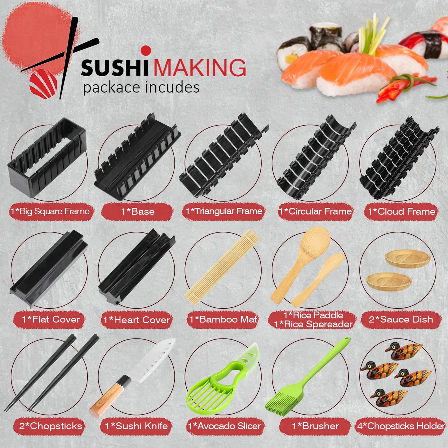 Mlryh Kit para Hacer Sushi, 20 piezas Kit Sushi para Principiantes con Alfombrilla de Sushi,Palillos, Rebanador de Aguacate,Paleta, Esparcidor,Cuchillo,Soporte para Palillos,Platos,Cepillo.