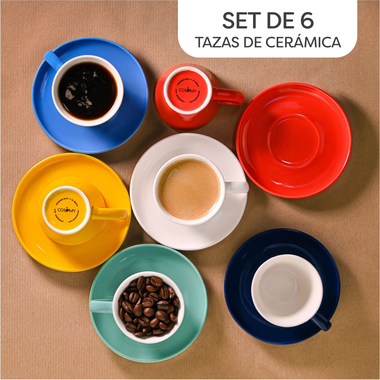 Juego de 6 Tazas de Cafe Espresso Multicolor - Con Platos - Ceramica Multicolor - Apto para Lavavajillas & Microondas - 70ml