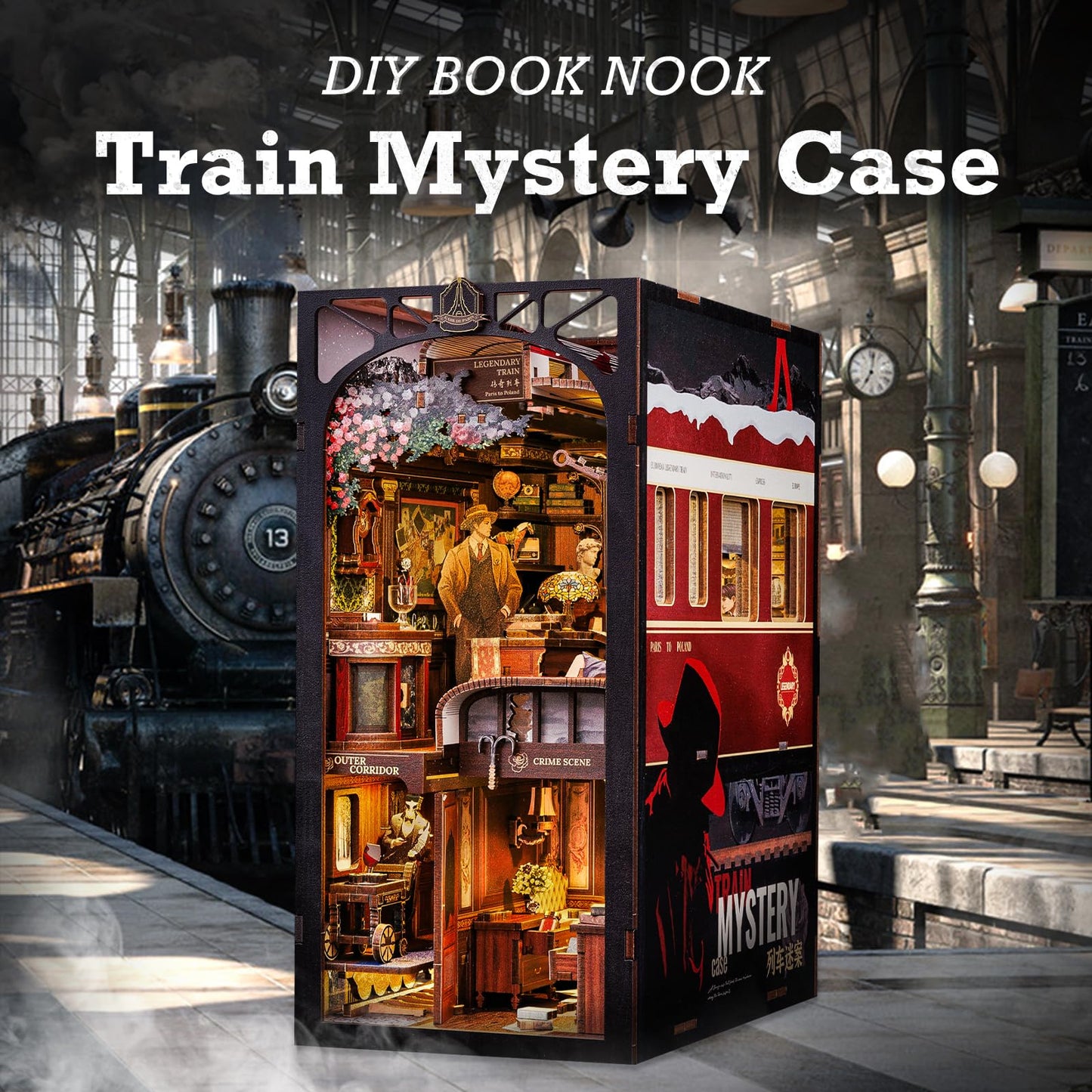 CUTEBEE DIY Book Nook Kit - Casa de Muñecas Madera para Montar con Muebles y Luces LED,Maqueta Libreria Miniatura,Decoración de Inserción de Estantería Creativa (Train Mystery Case)