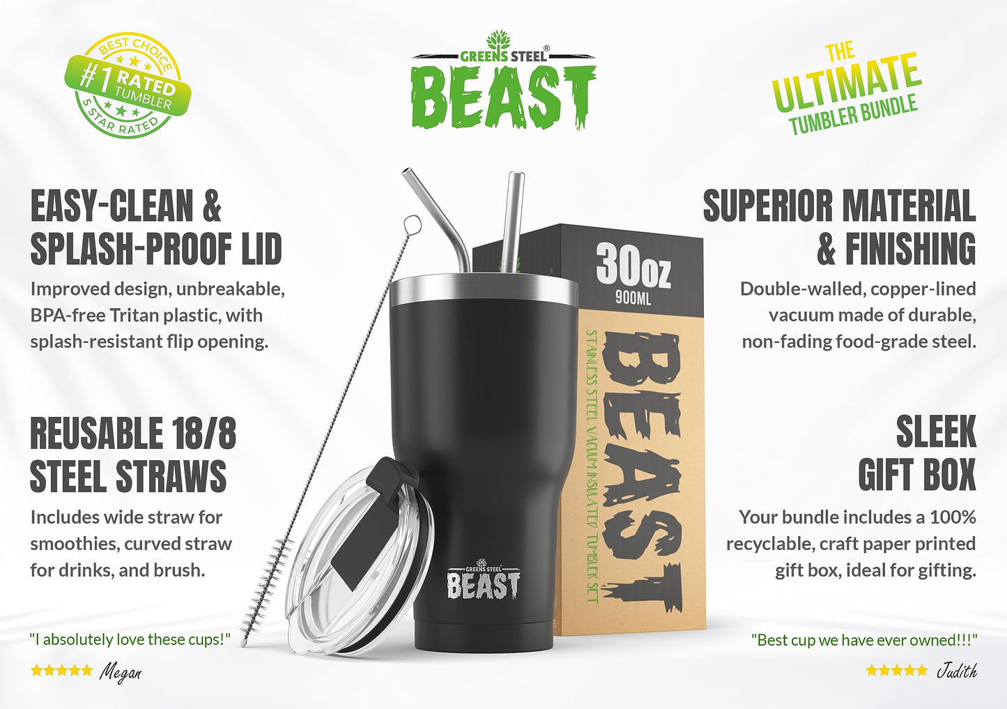 BEAST Termo Café para Llevar - 900ml I Negro mate I Taza Térmica de Acero Inoxidable Reusable I Taza Viajera de Doble Pared al Vacío I 2 Pajitas y Cepillo de Limpieza I para Café Frío o Caliente