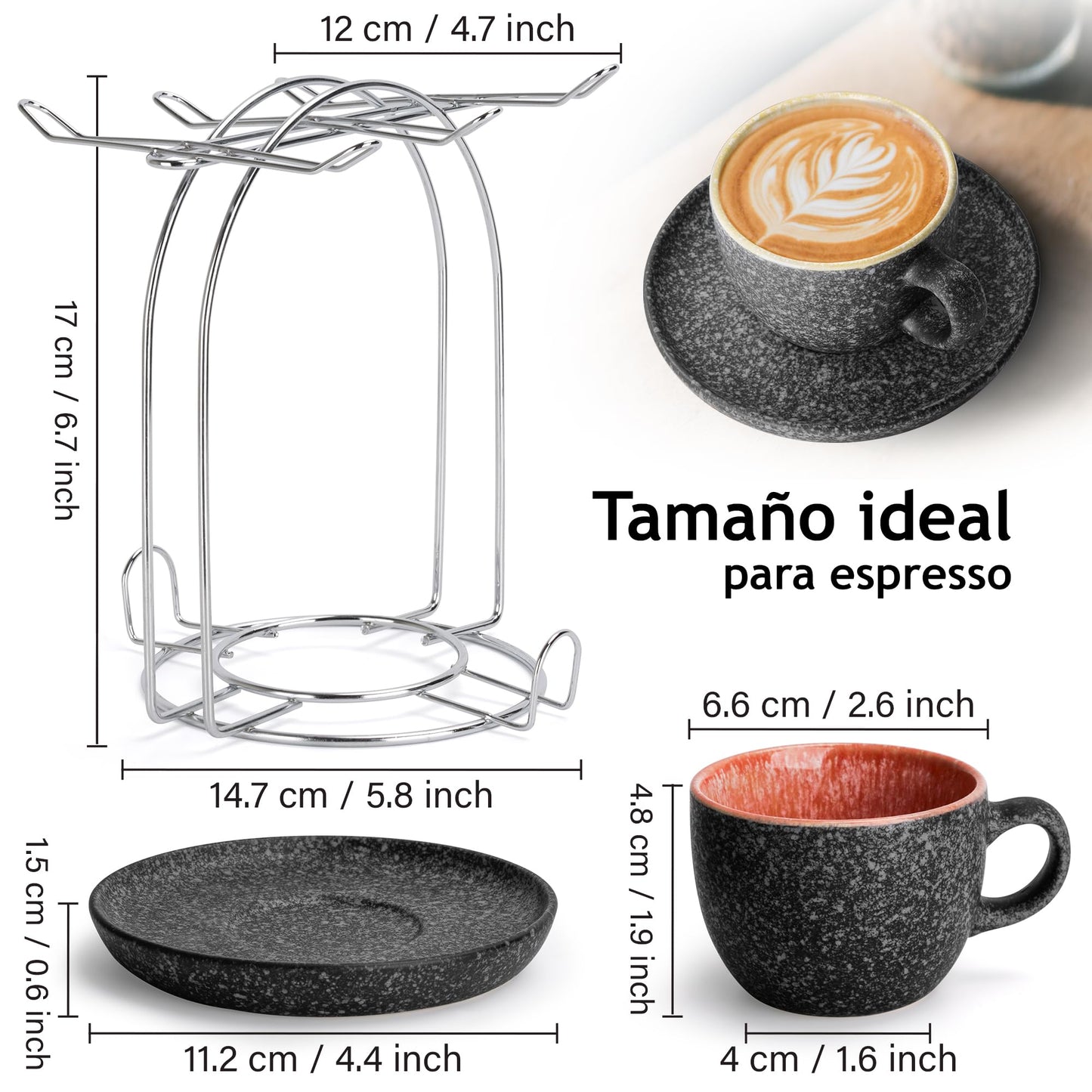 MIAMIO – 80 ml Tazas de Cerámica Apilables Espresso con Platos y Soporte de Metal, Juego de 6 Tazas Espresso, Tazas Demitasse, Tazas de Café para Espresso, Latte - Colección Las Palmitas