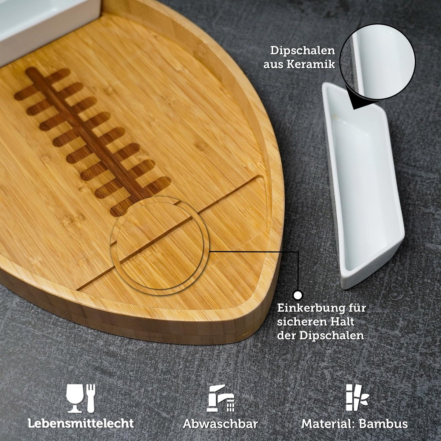 40YARDS Plato de bambú de fútbol Americano con 2 Cuencos de cerámica para Salsas - Cuenco de Madera XXL (40 x 24 cm) para Patatas Fritas, Verduras crudas, Nachos y Aperitivos