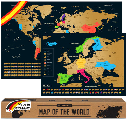 envami® Mapa Mundi Rascar - Español - Más el mapa de Europa - Mapas del Mundo para Marcar Viajes - 68 X 43 CM - Plata - Scratch Off Travel Map