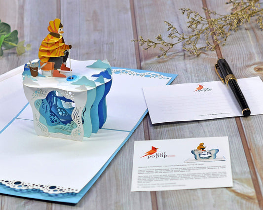 Tarjeta pescador 3D – Amor paciente con caña en mano