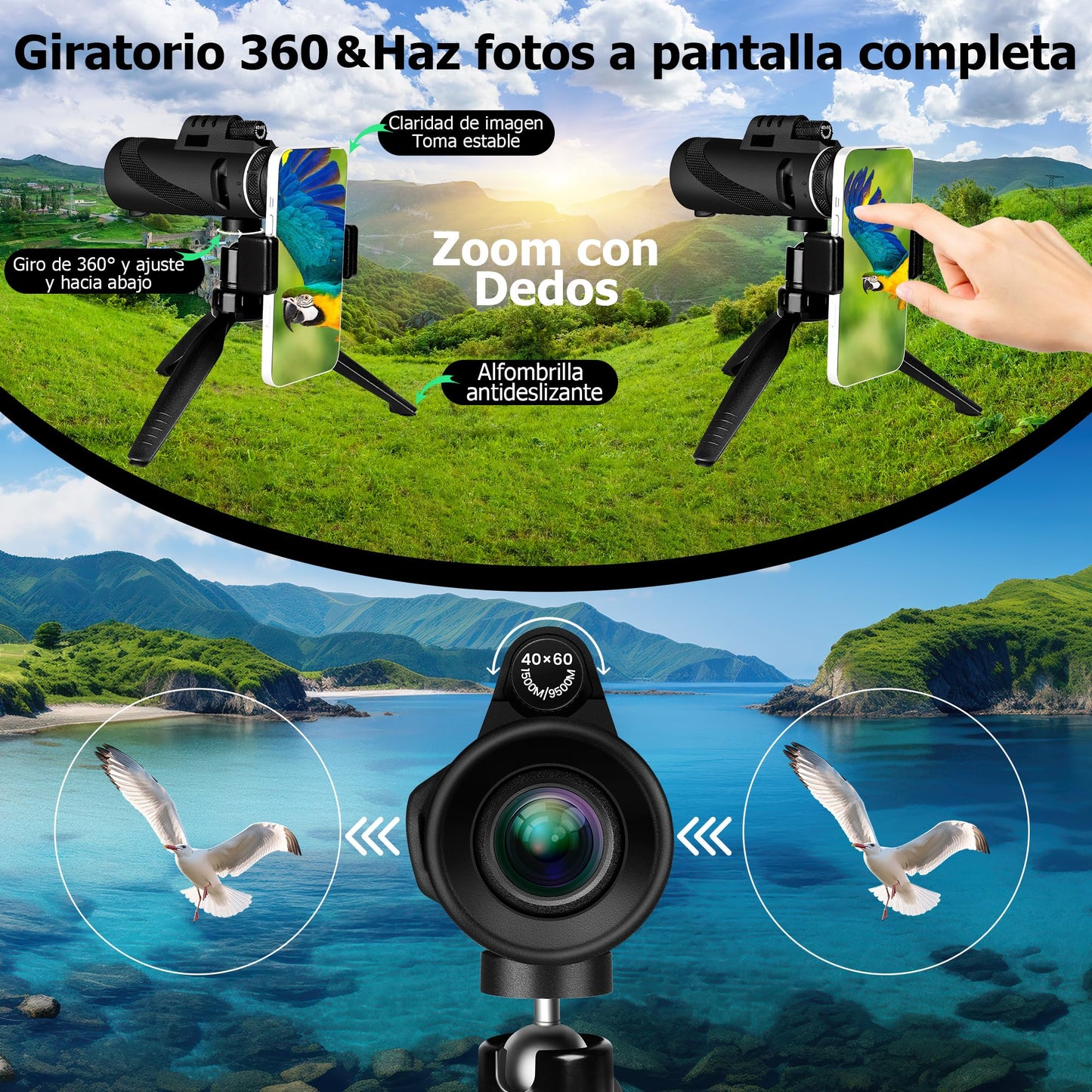 Telescopio Monocular 40X60 Monoculares de Largo Alcance Telescopio Terrestre Zoom para Movil Impermeable Compacto Telescopio Monoculo con Trípode Smartphone Holder Adultos Observación de Aves Senderis