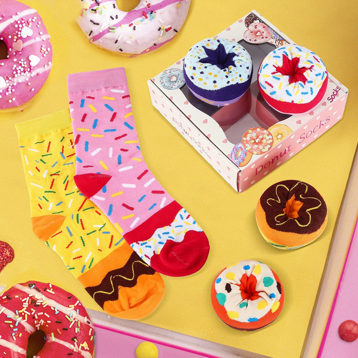 Calcetines Donuts Mujer Niñas Divertidos-Personalizados Originales Dibujos Estampados Graciosos Frikis Colores Arte-San Valentin Regalos Originales Cumpleaños para Mujer Joven Chicas Jovenes-4 Pares