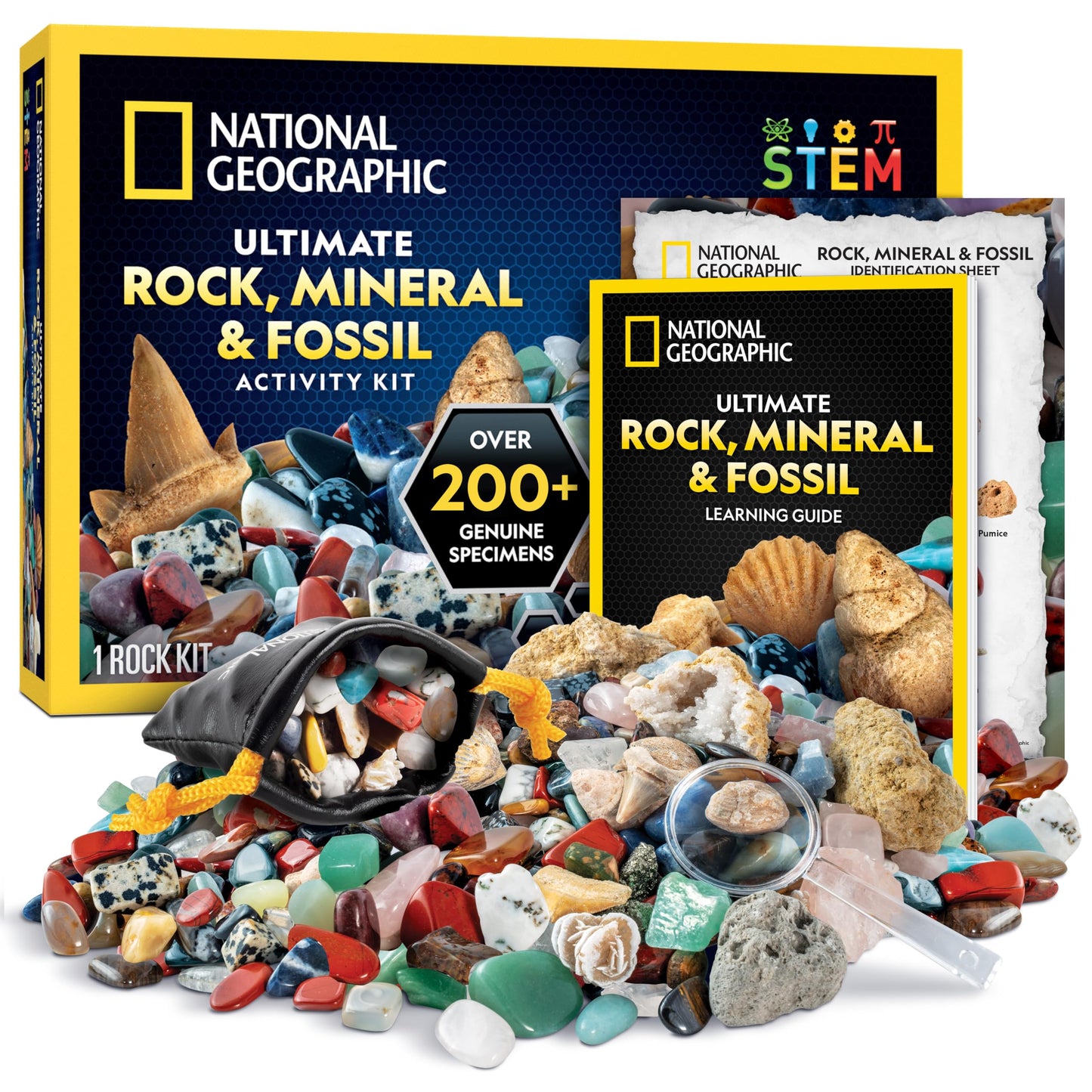 National Geographic Set de Piedras Naturales, Fósiles Auténticos y Minerales para Niños – Juguetes Científicos con Más de 300 Piezas – Geodas Naturales, Cuarzo Rosa, Jaspe, Piedras Preciosas y Más