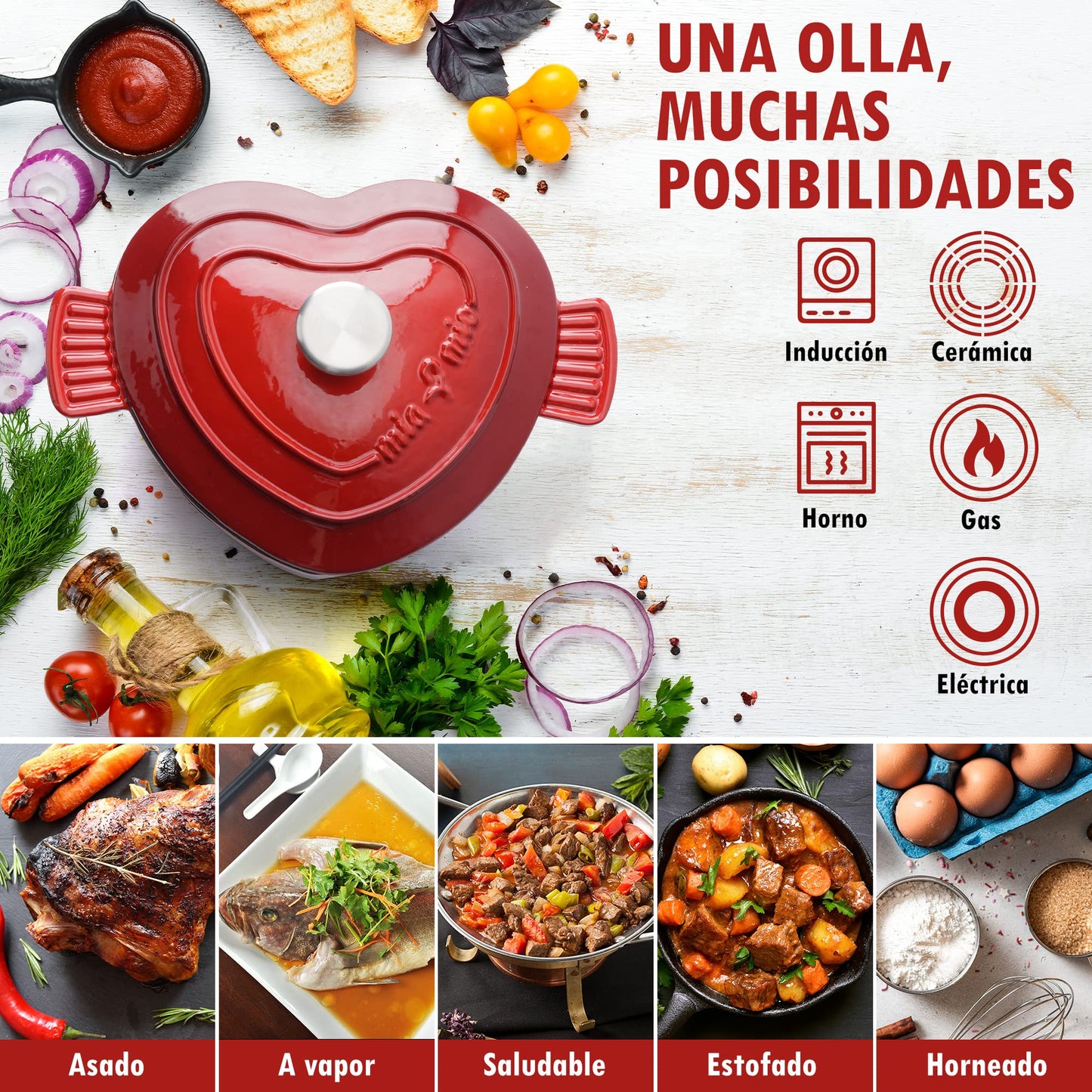 MIAMIO - Olla de hierro fundido esmaltado en forma de corazón apto para todo tipo de cocinas incluida la de inducción (3 litros, 24 cm)