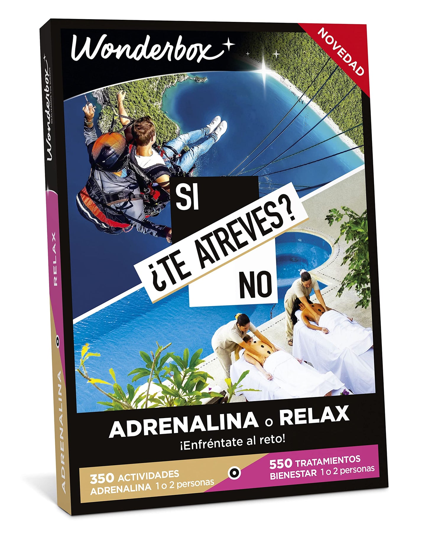 WONDERBOX - Caja Regalo - ¿Te Atreves? Adrenalina O Relax - 1 Actividad de Aventura o 1 Cena para 2 Personas - 350 Actividades de Adrenalina o 550 Actividades Bienestar - Ideas Regalo