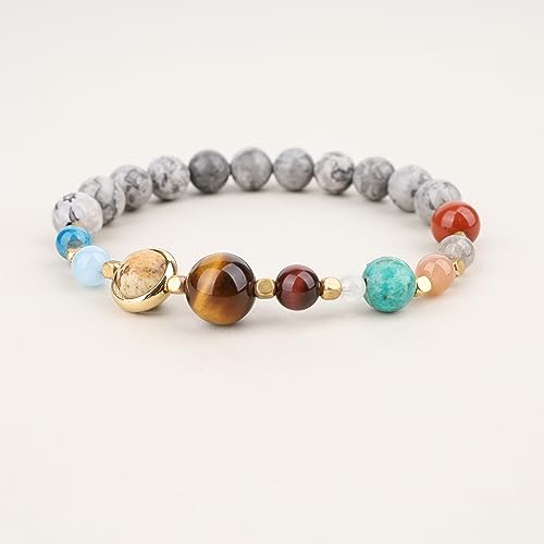 COAI Pulsera de Jaspe Mapa Piedra Semipreciosa con Planetas del Sistema Solar de Piedras Naturales S