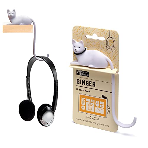 Monkey Business Ginger The Cat Tail Hook para pantalla de computadora, espacios reducidos, llaves colgantes, accesorios de fácil alcance (blanco)