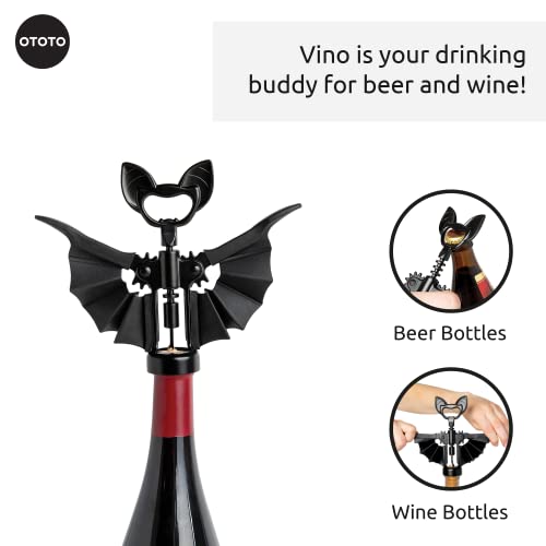 OTOTO Vino Spooky Bat - Abridor de vino y cerveza 2 en 1, sacacorchos y abridor de botellas, accesorios góticos y regalos de cocina, perfectos y geniales