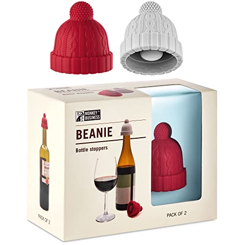 monkey business design Juego de tapones de botellas de silicona con tapa Beanie de dos nuevos mantenedores de bebidas de reposición de corcho Rojo y gris