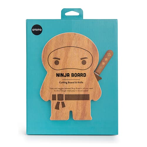 OTOTO - Tabla Ninja - Pequeña Tabla de Cortar de Madera y Juego de Cuchillos - Regalo de Cocina para Picar Frutas y Verduras; Cuchillo de Acero Inoxidable. Tabla de cortar cocina- 25,4 x 17,8 x 1,5 cm