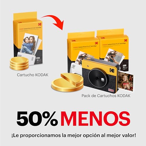 KODAK Mini Shot 3 Retro 4PASS 2-en-1 Cámara Instantánea e Impresora de Fotos (7,6x7,6cm) + Pack con 68 Hojas, Amarillo