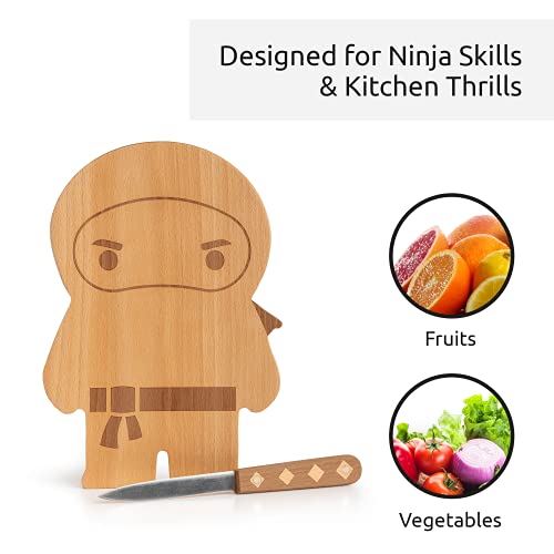 OTOTO - Tabla Ninja - Pequeña Tabla de Cortar de Madera y Juego de Cuchillos - Regalo de Cocina para Picar Frutas y Verduras; Cuchillo de Acero Inoxidable. Tabla de cortar cocina- 25,4 x 17,8 x 1,5 cm