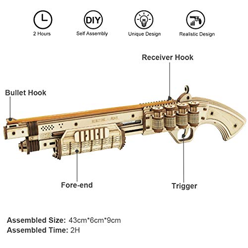 ROKR Puzzle de madera 3D | Kit de Montaje de Pistola | Monta tu Pistola Que Dispara Gomas para Niños y Adultos (Terminator M870)