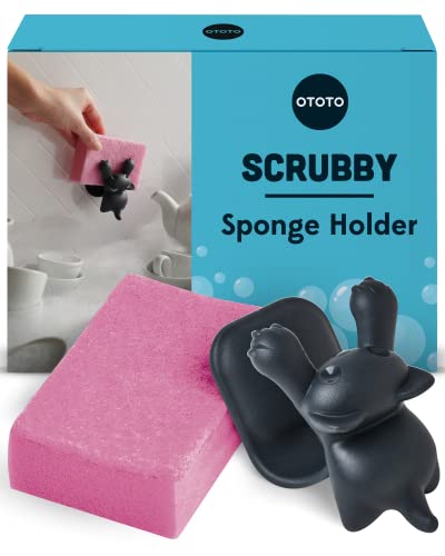 OTOTO Scrubby - Soporte de Esponja para Fregadero de Cocina, Soporte de Esponja de Cocina de Gato Gris, Organizador de Esponja Apto para lavavajillas, sin óxido, 3.9 x 3.1 x 3.9 Pulgadas