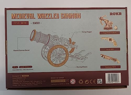 ROKR Rompecabezas Puzzles 3D para Adultos Niños Mayores de 14 Años Maquetas de Madera para Construir Regalos de Decoración Retro 142 Piezas Cañón Medieval, Medieval Cannon