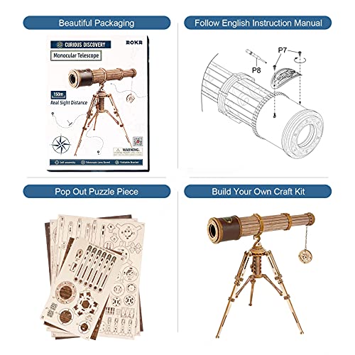 ROKR Rompecabezas Puzzles 3D Maquetas de Madera para Construir Telescopio Monocular Ciencias Regalos para Adultos Niños Mayores de 14 Años , 314 Piezas, Monocular Telescope