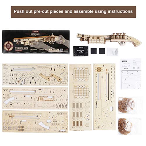 ROKR Puzzle de madera 3D | Kit de Montaje de Pistola | Monta tu Pistola Que Dispara Gomas para Niños y Adultos (Terminator M870)