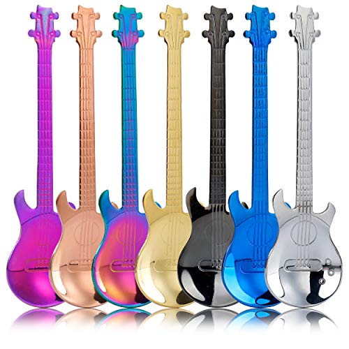 Cucharas de Café de Acero Inoxidable, 7 Piezas Diseño de Forma de Guitarra Cucharitas Cuchara de Postre para Café, Té, Bebidas, Mezclar o Batidos (Multicolor)