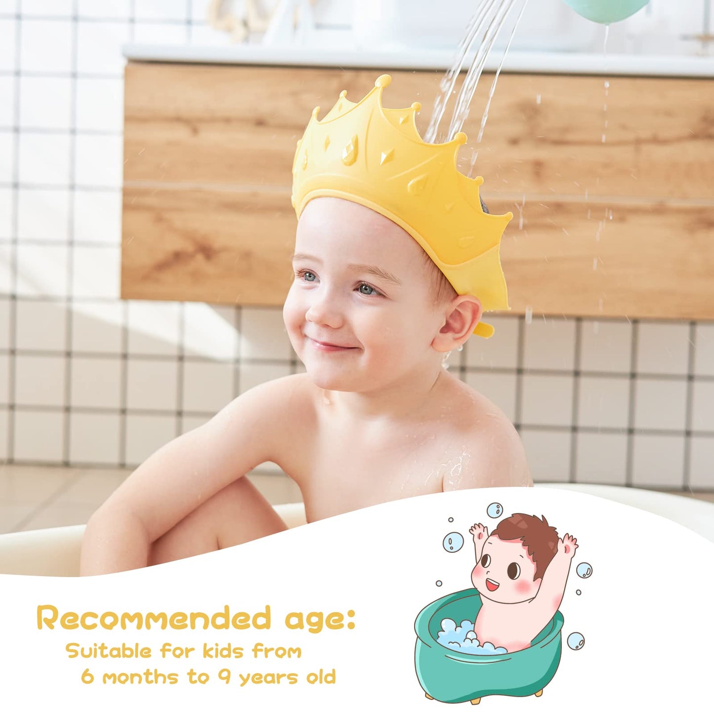 FUSACONY Gorro de Ducha Ajustable, Protege Los ojos y las orejas, Visera Baño para Bebé y Niños de 6 Meses a 9 Años, Corona (Amarillo)