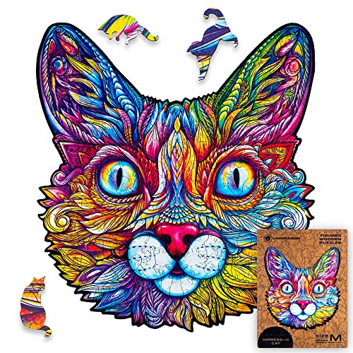 UNIDRAGON Rompecabezas Originales de Madera - Gato Impresionante, 200 Piezas, Mediano 26 x 29 cm, Bonito Paquete de Regalo, Forma Única, Mejor Regalo para Adultos y Niños