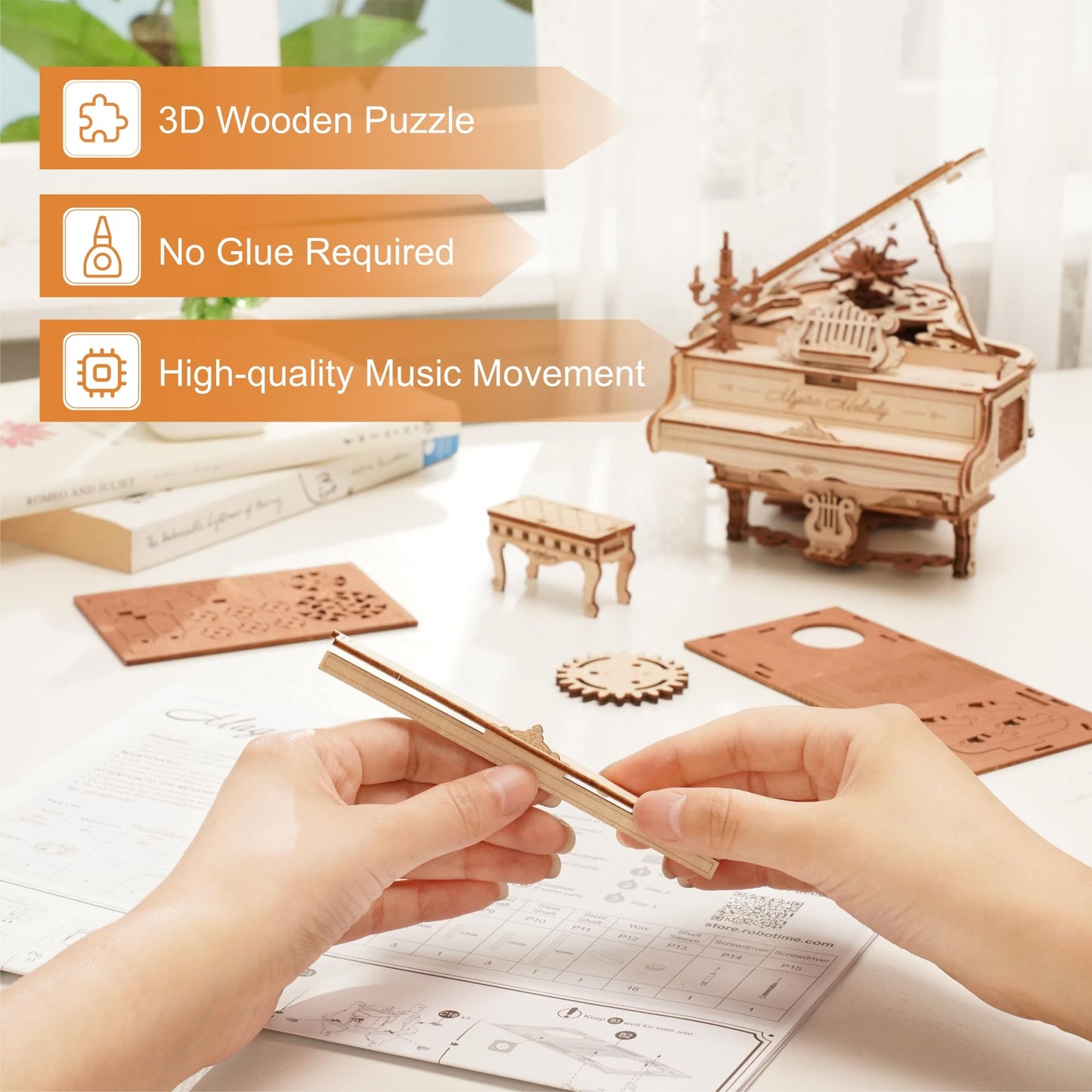 ROBOTIME Puzzle 3D de Madera, Caja de Música Mágica con Piano, Kits de Maqueta Madera para Adultos, Construcción de Modelos de Engranajes