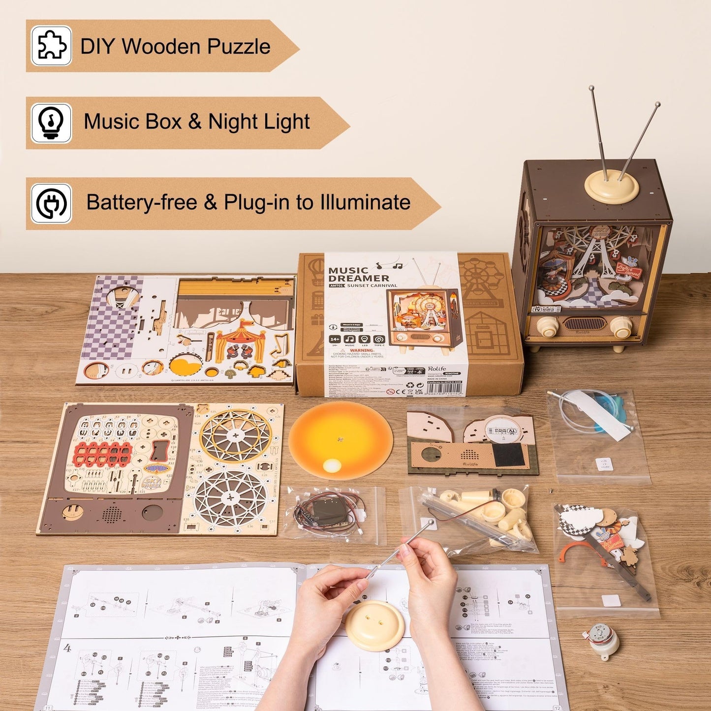 ROBOTIME Puzzle de Madera 3D Puesta de Sol Parque de Atracciones Caja de Música con Luz LED Nocturna, Adecuado para Adultos para Hacer, Decoración, Regalo de Cumpleaños de Navidad.